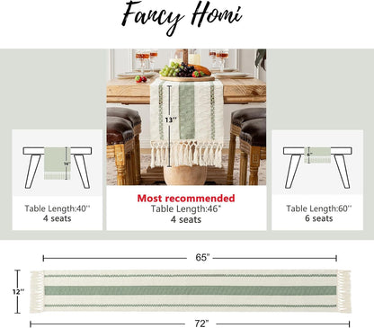 Sage Green Table Runner 72 Inches Long Boho Macrame Table Runner for Home Decor, Farmhouse Table Runners with Tassels for Party Bohemian Rustic Bridal Shower Dining Decor 12X72 Inches