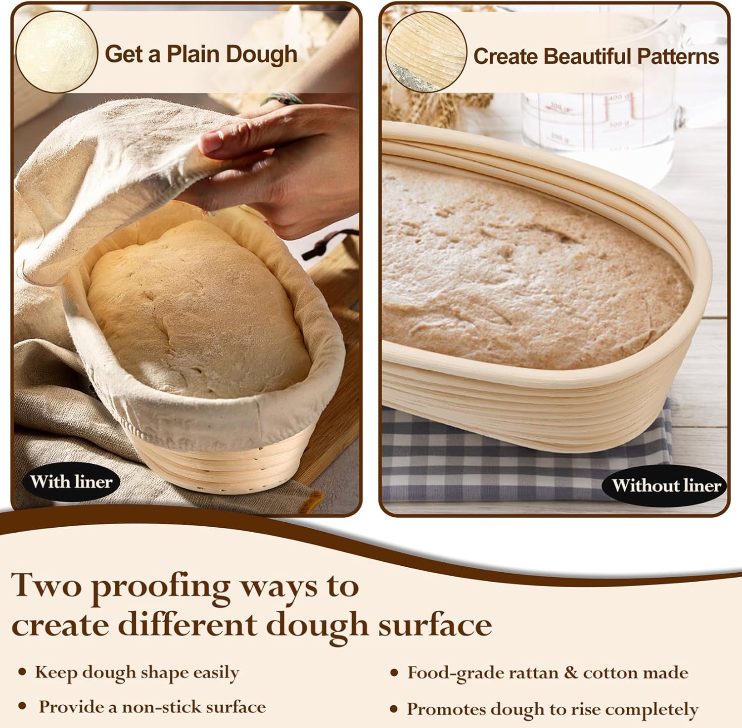 Sourdough Bread Proofing Basket Set of 2, 10 Inch Oval Dough Proofing Bowls, Sourdough Bread Baking Supplies for Bakers, Handmade Rattan Baskets with Cloth Liner