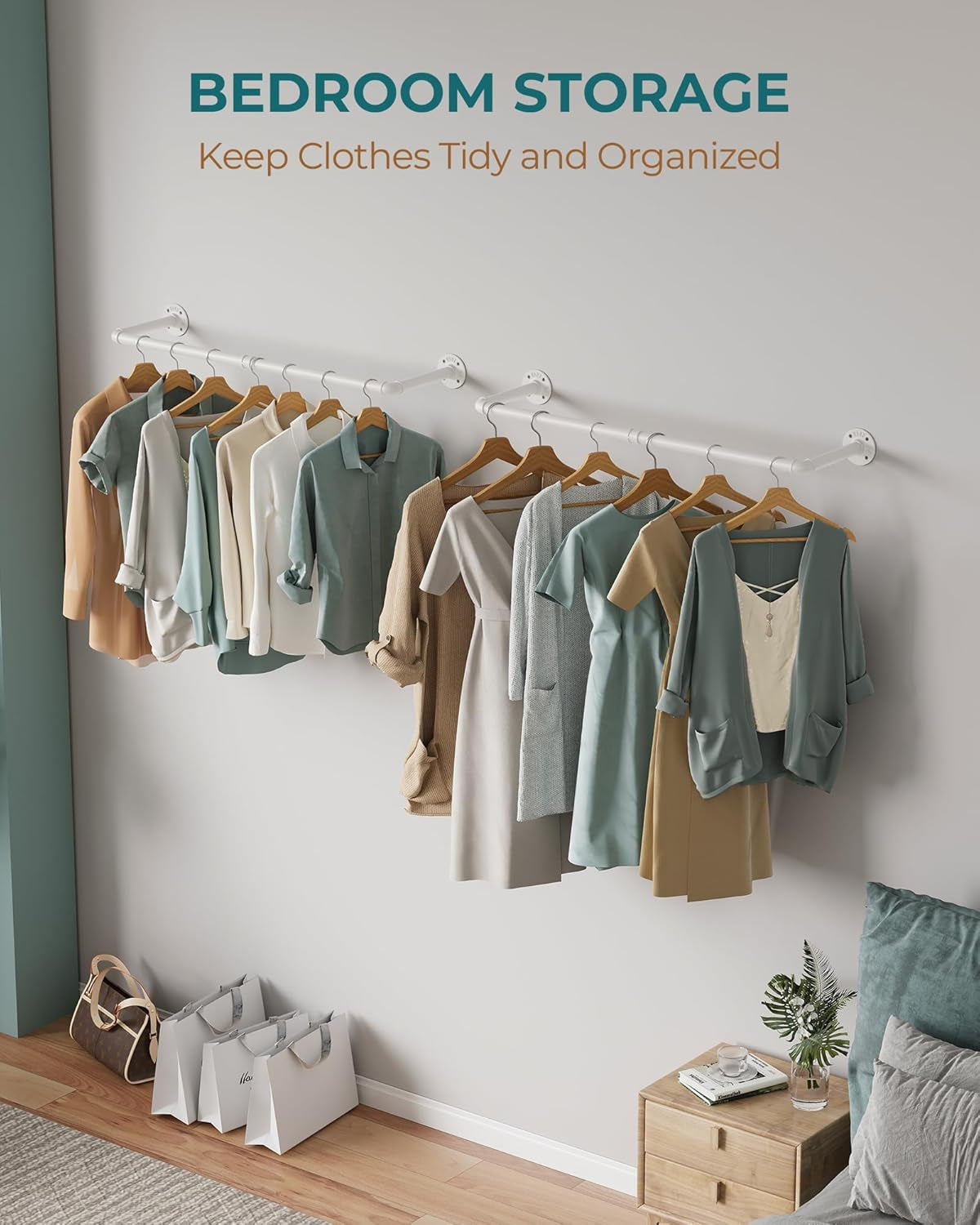 Industrial Pipe Clothes Rack Wall Mounted Set of 2, 38.4 Inches Heavy Duty Iron Pipe Clothing Garment Rail, Multi-Purpose Clothing Hanging Rod for Laundry Room and Closet Storage, White