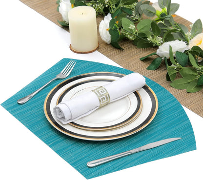 Large Size Wedge Placemats with Centerpiece Set of 5, PVC Woven Vinyl Place Mats for round Table Washable Indoor Outdoor Table Placemats, Blue