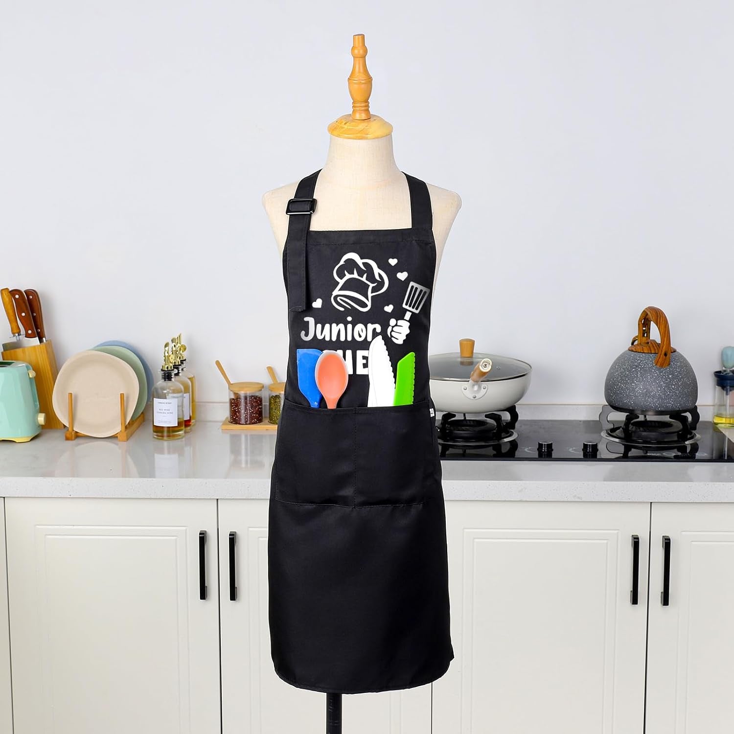 Kids Apron and Chef Hat Set, Funny Apron (Junior CHEF) Adjustable Child Apron with 2 Pockets Waterproof Chef in Training Gifts for Boys and Girls 64 X 45 Cm