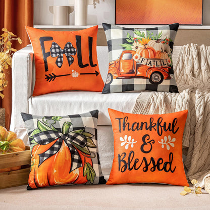 Fall Orange Throw Pillow Covers Buffalo Check Plaid Pumpkin Thanksgiving Harvest Decorations 18X18 Inch Autumn Gather Farmhouse Cushion Cases for Sofa Couch Set of 4