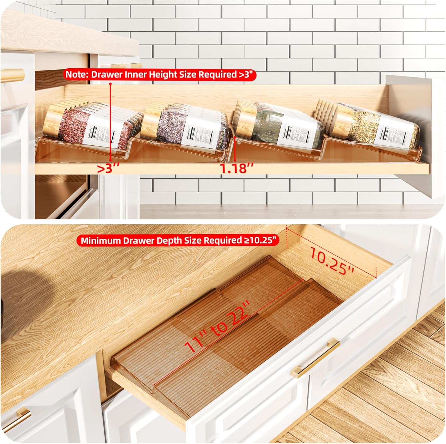 Spice Drawer Organizer, 2 Tier- 2 Pack Amber Acrylic Drawer Seasoning Organizer, Expandable from 11'' to 22'' Kitchen Spice Rack Organizers and Storage for Drawer (Jars Not Included)