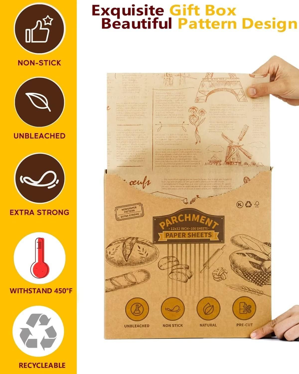 100 Pcs Sandwich Wrapping Paper, 12X12 Inch Food Basket Liners, Grease Proof & Non-Stick Baking Parchment Paper