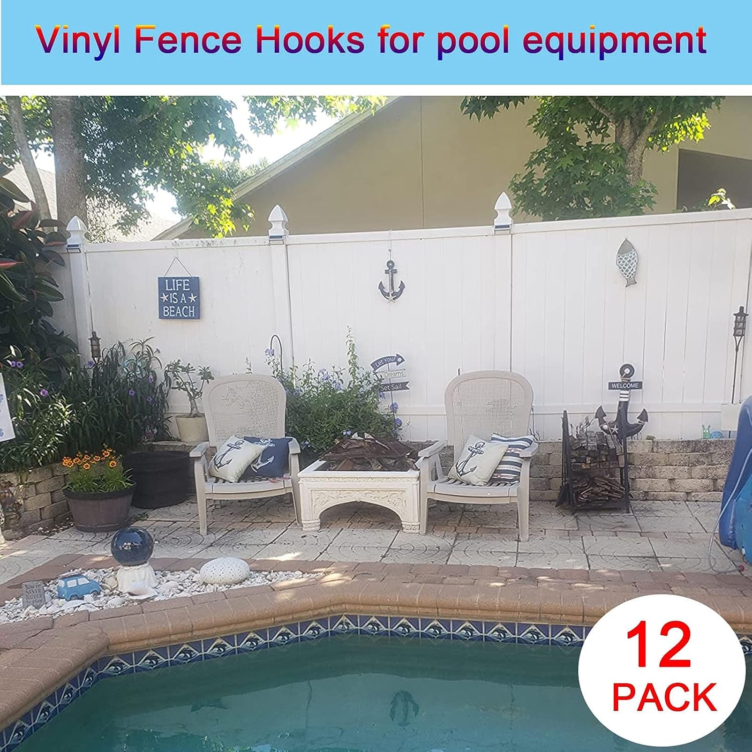 12-Pack Vinyl Fence Hangers - 2 x 6 Inch Patio Light Hooks, White Powder Coated Steel for Hanging Plants, Planters, Bird Feeders, and Lights