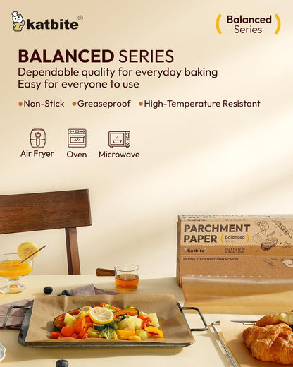 12In X 262Ft Unbleached Parchment Paper Roll, 260 Sq.Ft, Balanced Series, Non-Stick, Extra Long Parchment Baking Paper with Portable Serrated Cutter for Baking, Cooking [Balanced Series]