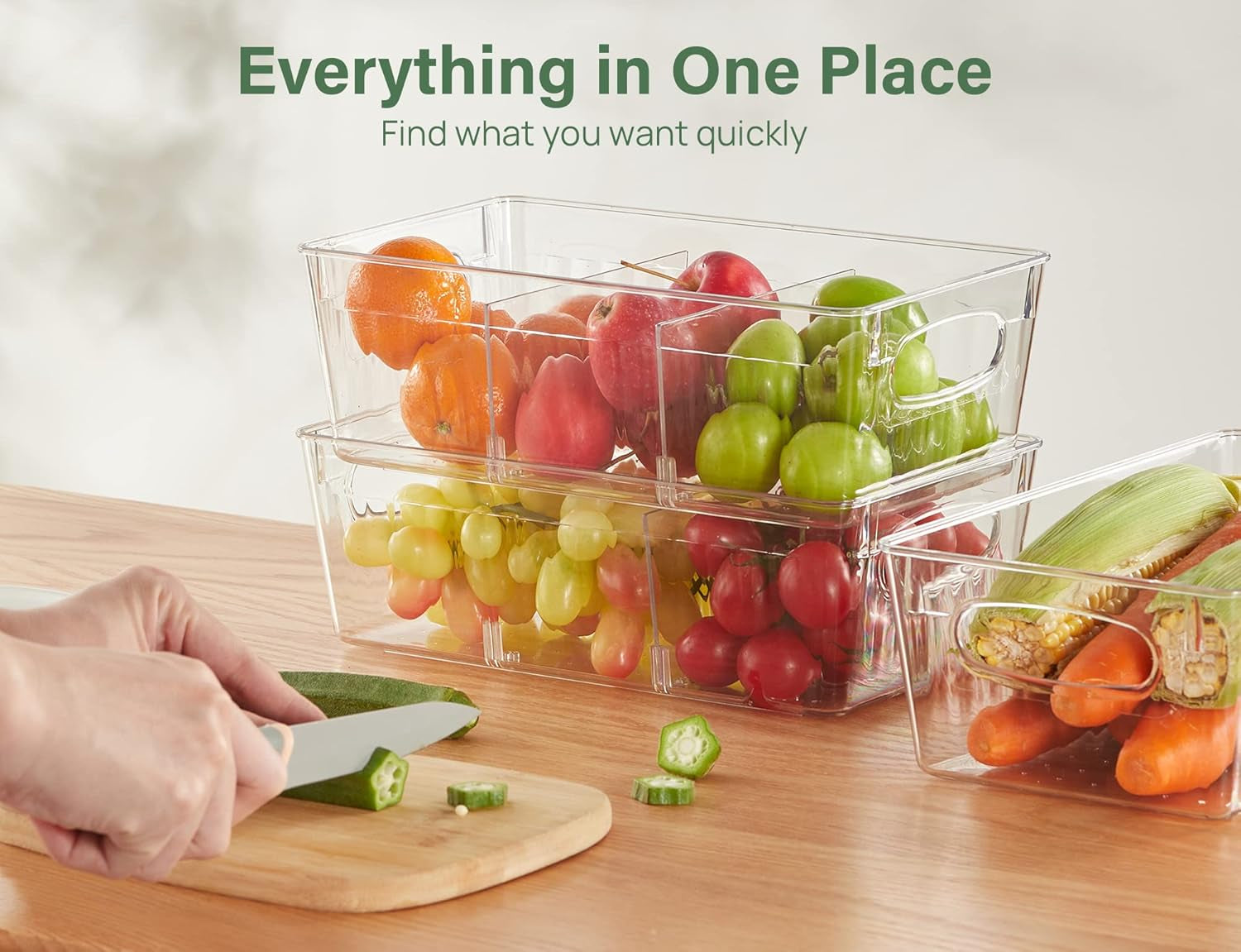 Refrigerator Organizer Bins with Removable Dividers, Freezer Organizer Bins Clear Pantry Organization and Storage Bins, Plastic Stackable Food Storage Bins for Fridge, Kitchen, Cabinet (4 Pack)