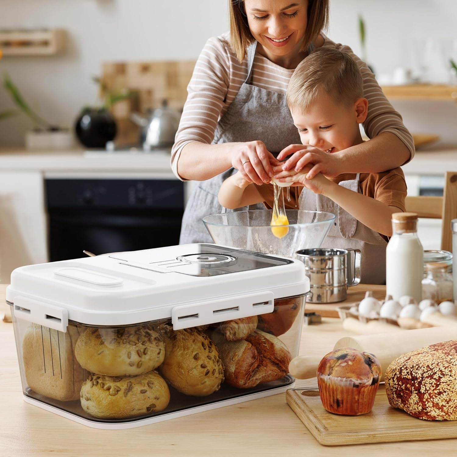 Bread Box for Kitchen Countertop, Airtight Bread Storage Container, Time Recording Bread Keeper with Lid,Bread Storage for Homemade Breads, Toast, and Cookies, White Bread Holder.