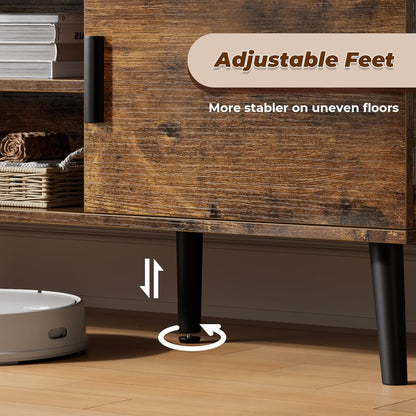 55-Inch TV Stand and Entertainment Center with Adjustable Shelves, Dual Cabinets, Solid Wood Feet, and Cord Management for Living Room and Bedroom in Rustic Brown Finish