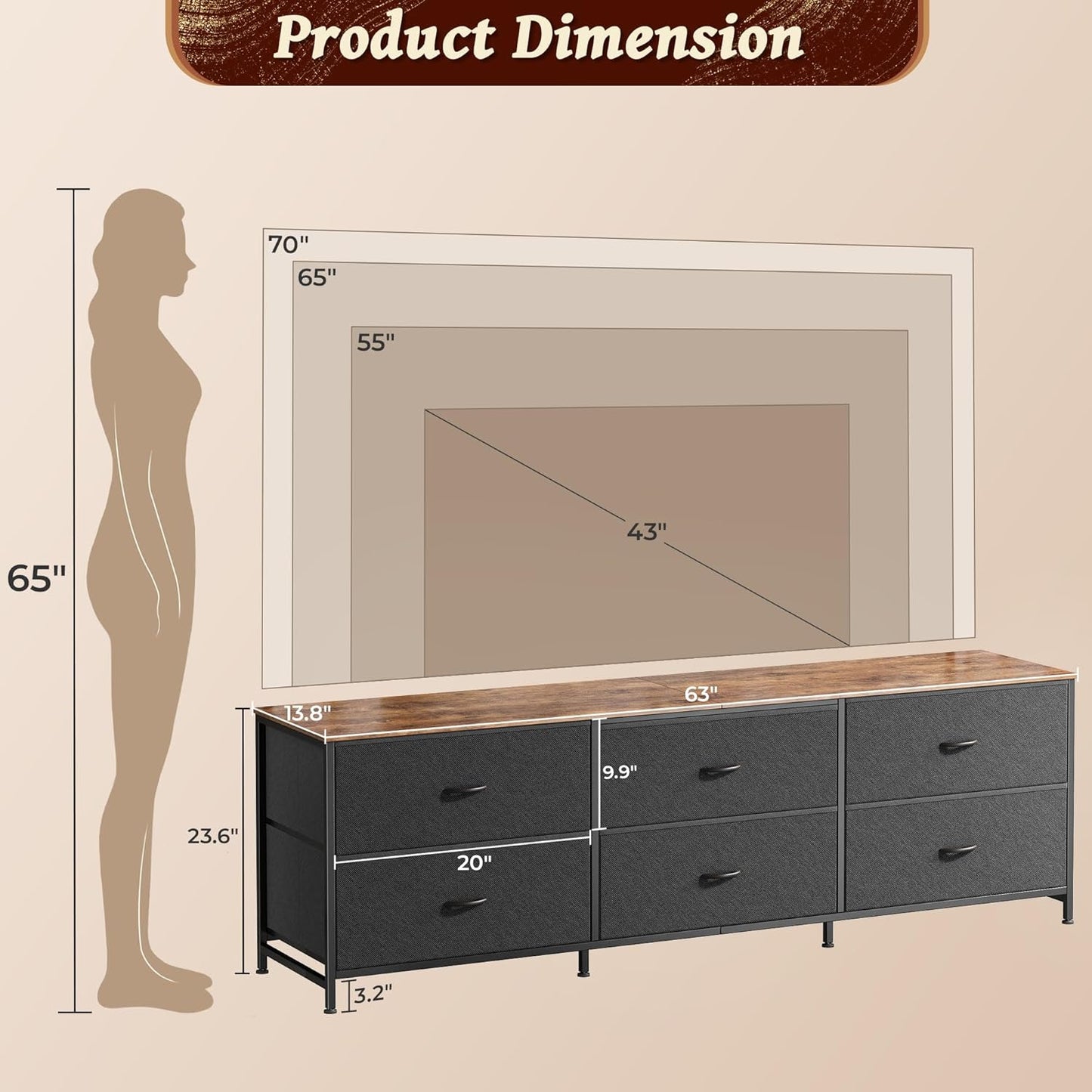 63-Inch Long Dresser and Wide TV Stand for 55-70 Inch TVs, 6-Drawer Storage Organizer with Fabric Drawers, Rustic Brown and Black Finish for Bedroom and Entryway