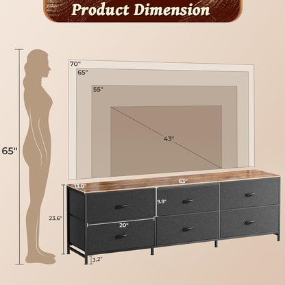63-Inch Long Dresser and Wide TV Stand for 55-70 Inch TVs, 6-Drawer Storage Organizer with Fabric Drawers, Rustic Brown and Black Finish for Bedroom and Entryway