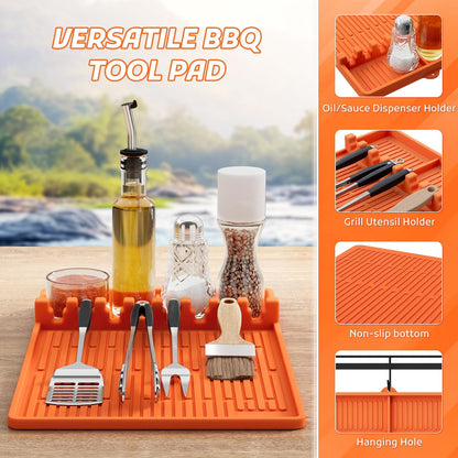 Silicone Griddle Mat with Seasoning Jar Holder and Side Shelf Pad for Outdoor Grilling Accessories, BBQ Tool Rest, and Kitchen Aid Attachments (Orange)