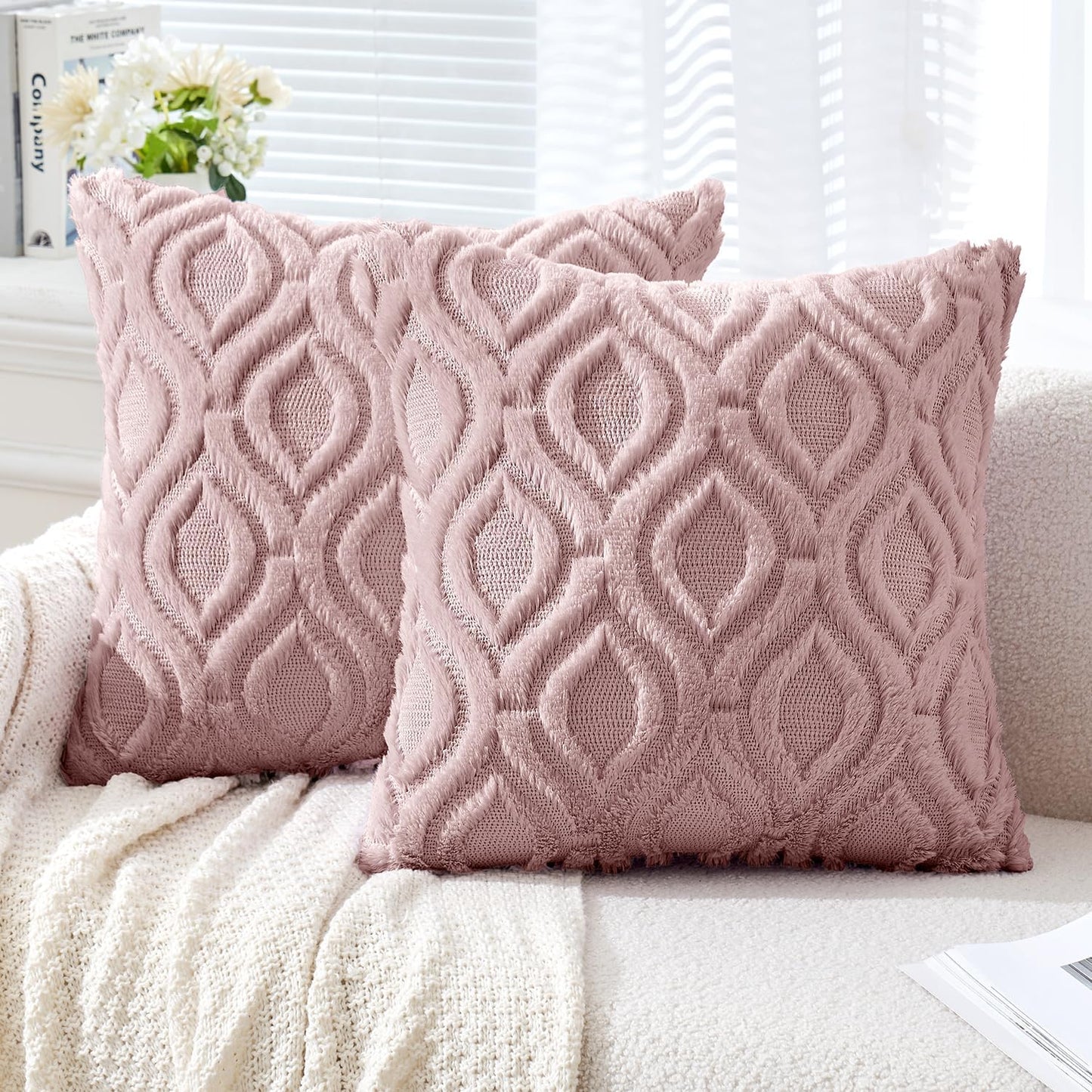Blush Pink Valentines Throw Pillow Covers 18X18 Inch, Soft Spring Plush Faux Wool Couch Pillow Covers Set of 2 Decorative Farmhouse Boho Throw Pillows for Sofa Living Room Bed