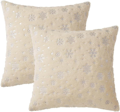 Set of 2 Christmas Decorative Throw Pillow Covers Soft Faux Fur Winter Pillow Covers with Silver Snowflake Glitter Holiday Festival Pillowcases for Couch Sofa Bed, 18×18Inch, Beige
