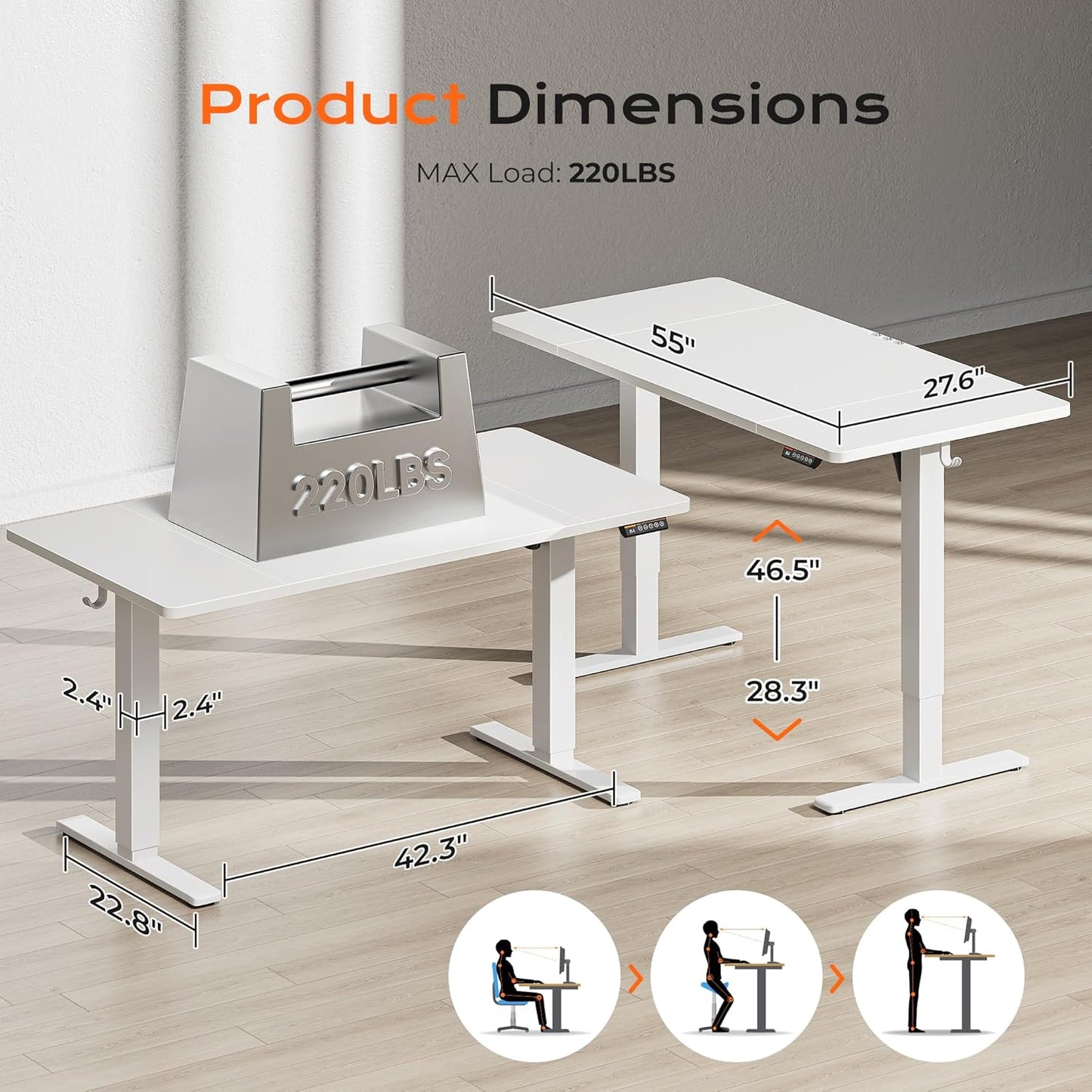 55" x 28" Large Electric Height Adjustable Standing Desk, 27.6" Deep Desktop, Ergonomic Gaming and Office Table with 2 Hooks and 3 Preset Heights, Ideal for Home Office, White