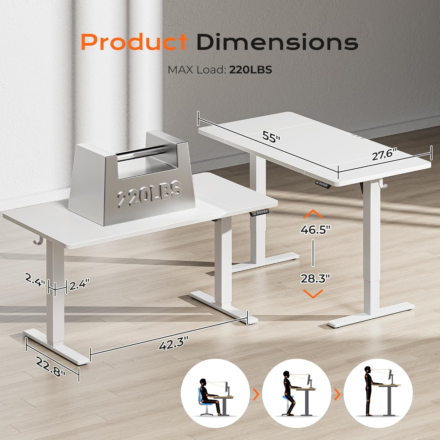 55" x 28" Large Electric Height Adjustable Standing Desk, 27.6" Deep Desktop, Ergonomic Gaming and Office Table with 2 Hooks and 3 Preset Heights, Ideal for Home Office, White