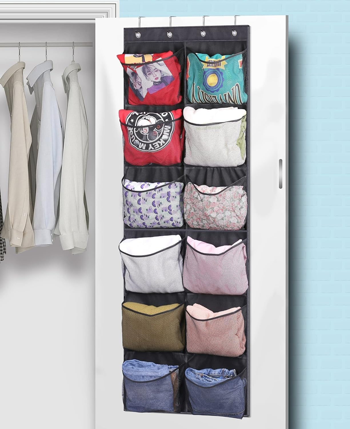Boots Hanging Shoe Organizer for Closet 12 Extra Large Mesh Pockets over the Door Shoe Rack for Men Shoes Size 16, Black