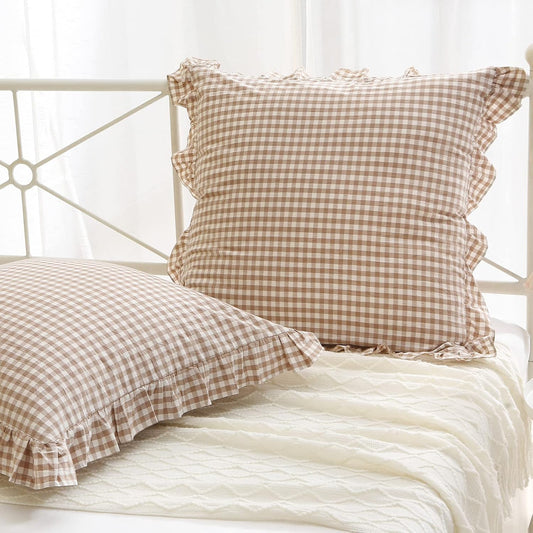 Set of 2 Taupe and White Plaid Ruffle Square Euro Pillow Shams - 100% Washed Cotton Gingham in Camel Brown for Fall Decor - 26'' x 26