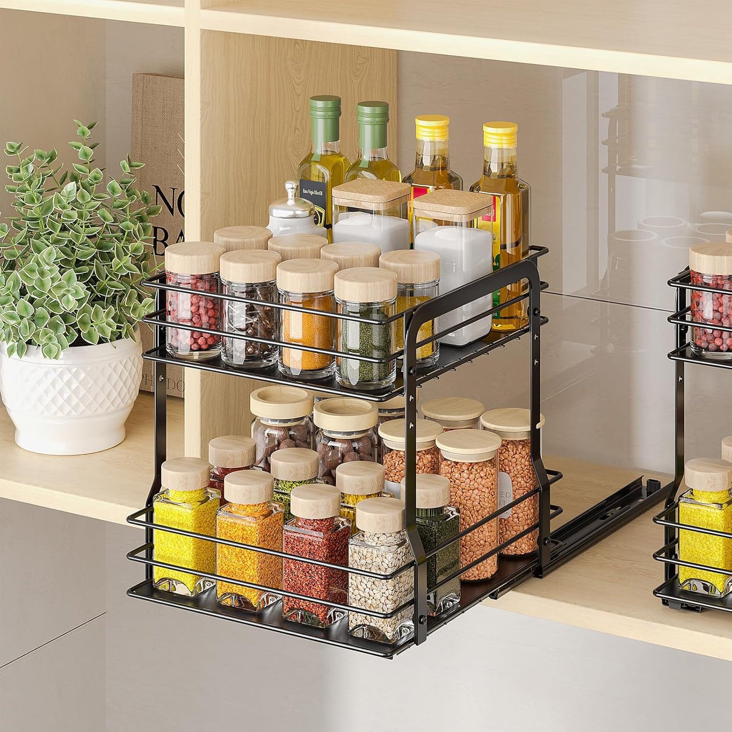Pull Out Spice Rack Organizer for inside Cabinet, 2 Tier Spice Organization for Cabinet, 9.65"W X 10.7"D X 10.24"H, Vertical Slide Out Seasoning Organizer, Black (Not for Cabinet with Lip)