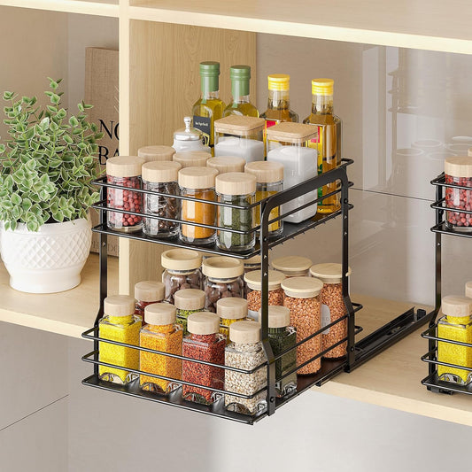 Pull Out Spice Rack Organizer for inside Cabinet, 2 Tier Spice Organization for Cabinet, 9.65"W X 10.7"D X 10.24"H, Vertical Slide Out Seasoning Organizer, Black (Not for Cabinet with Lip)