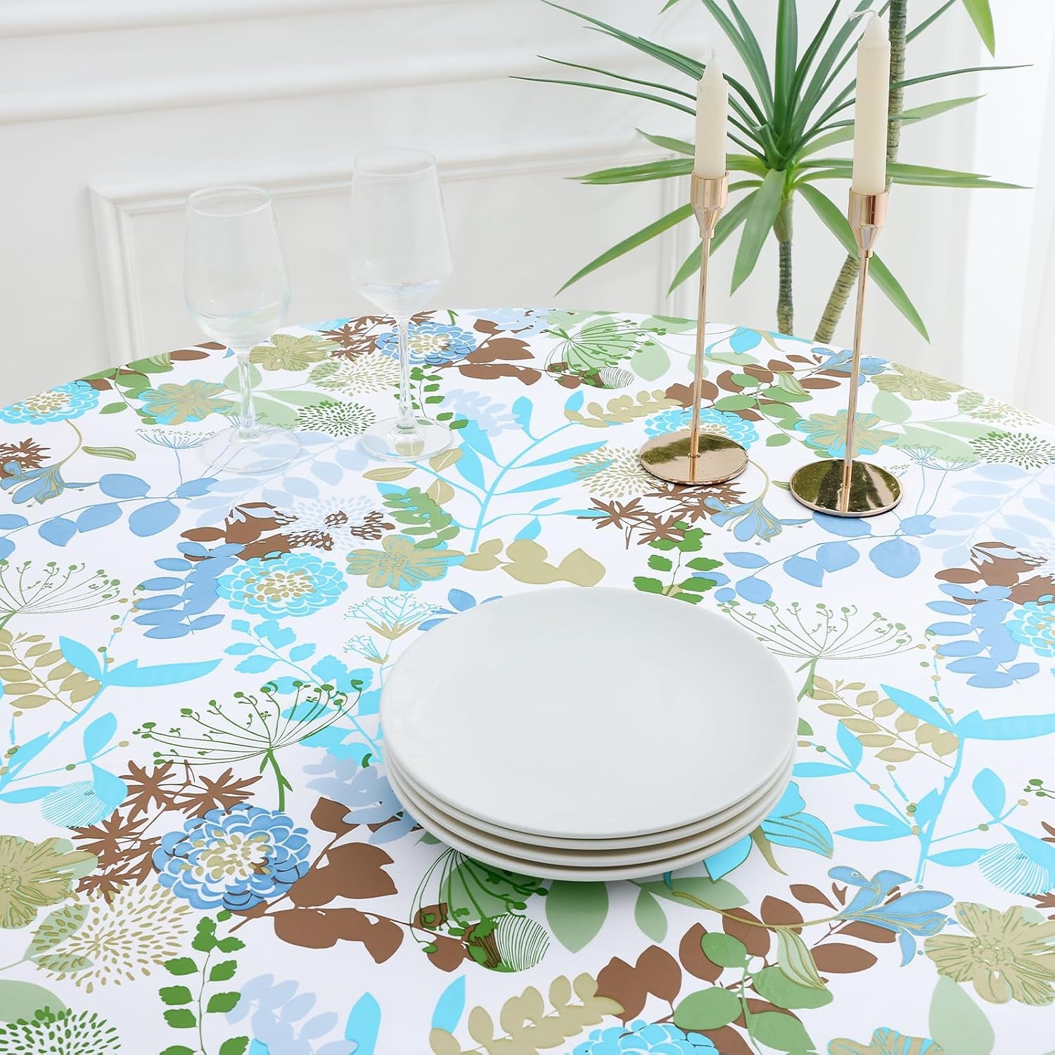 round Fitted Tablecloth with Elastic Edge, 100% Waterproof Oil Proof Plastic Table Cover, Vinyl Flannel Backed Tablecloth Fits 45"-56" round Tables for Dinner, Outdoor, Picnic, Leaves