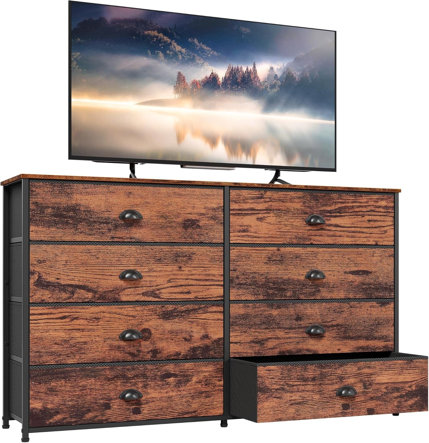Rustic Brown Long Dresser and TV Stand for 55'' TV with 8 Fabric Bins - Versatile Storage Unit for Bedroom, Office, Dorm, Closet, and Entryway