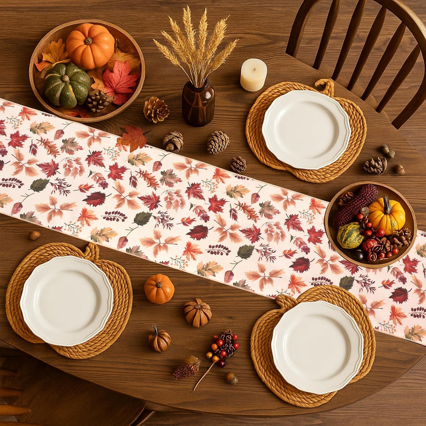 Fall Table Runner for Kitchen Dining Table, Thanksgiving Autumn Printed Harvest Pumpkins Maple Leaves Textured Fabric Halloween Holiday Home Decorations, Water-Proof, Washable, 13" W X 36" L