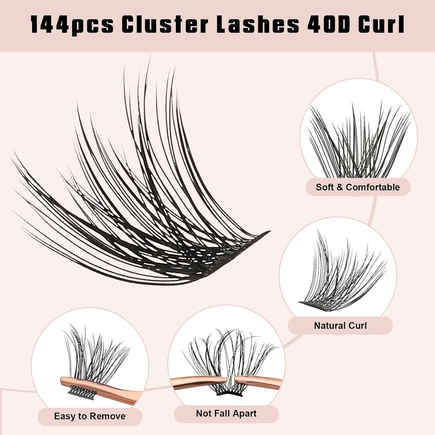Cluster Lashes with Eyelash Applicator, Individual Lashes Natural Look, 40D DIY Eyelash Extensions with Soft Band, 144Pcs D Curl Long Eyelash Clusters(30D 40D, 8-16MIX)