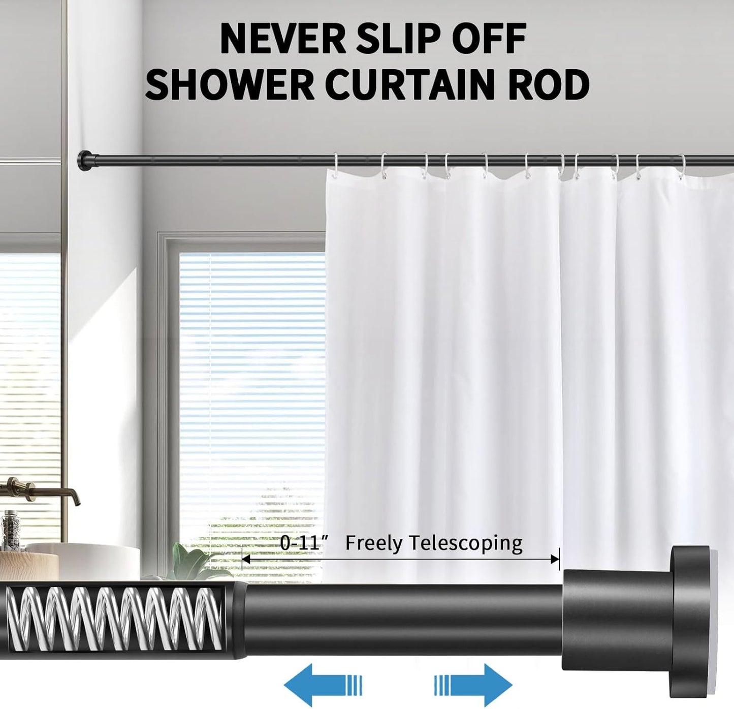 Black Shower Curtain Rod 36-84 Inches (3-7Ft) Non Rust Adjustable Shower Rod Spring Tension Non Slip No Drilling Stainless Steel Shower Rods for Bathroom Window