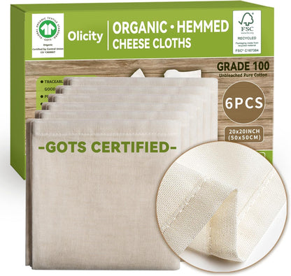 Organic Cheese Cloths, GOTS Certified, 6PCS, Grade 100, 20X20Inch Hemmed Cheese Cloth Fabric Reusable Fine Mesh Cloth, 100% Cotton Unbleached Muslin Cheesecloth for Straining, Cooking, Yogurt, Juicing
