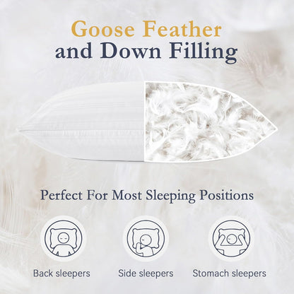 ® Goose Feather down Pillows, Luxury Hotel Collection Bed Pillows for Sleeping Set of 2, 100% Cotton Cover with Silver Stripe, Standard Size