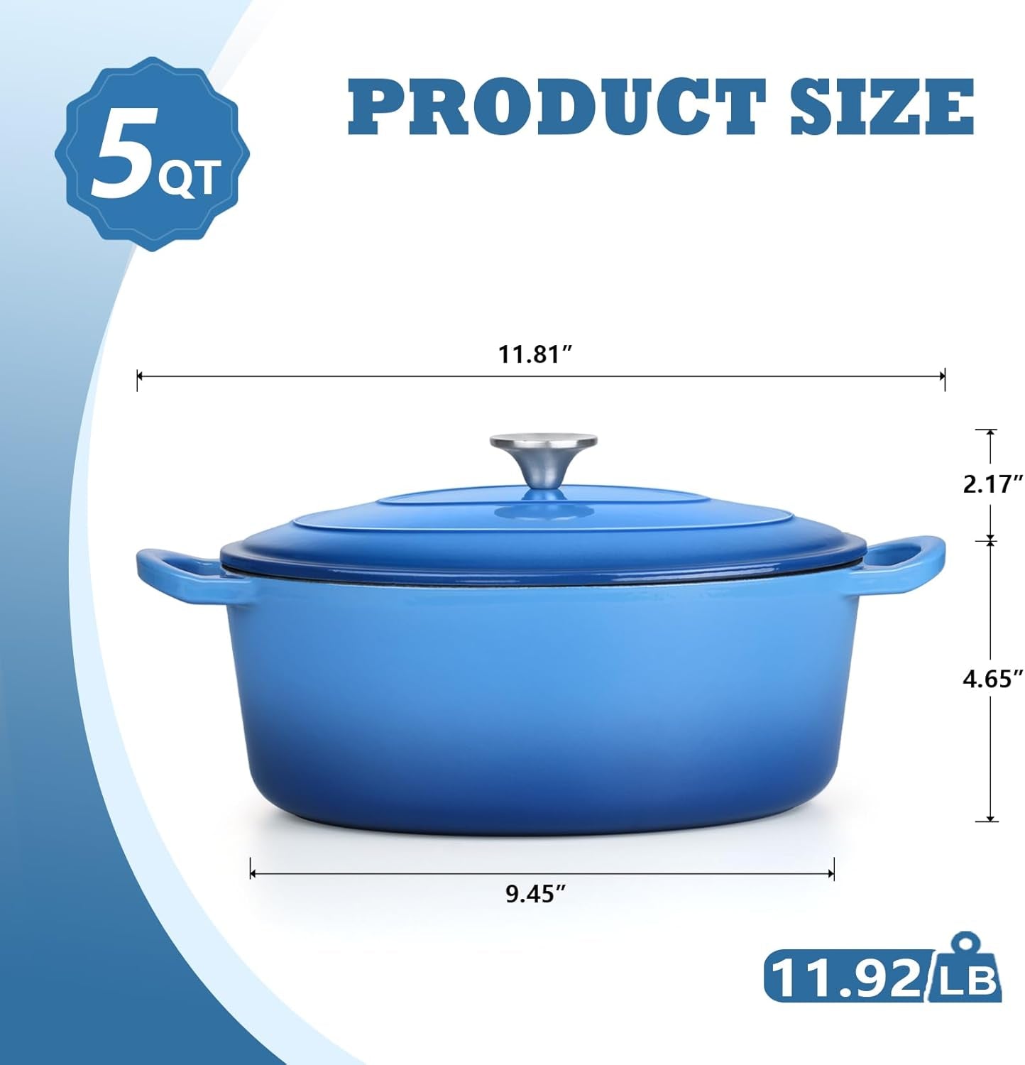 Oval Dutch Oven with Lid, Enameled Cast Dutch Oven Pot for Bread Baking, Braising, Stewing, Roasting, Non-Stick & Oven Safe, Dual Handles & Easy Clean, 5QT & Blue