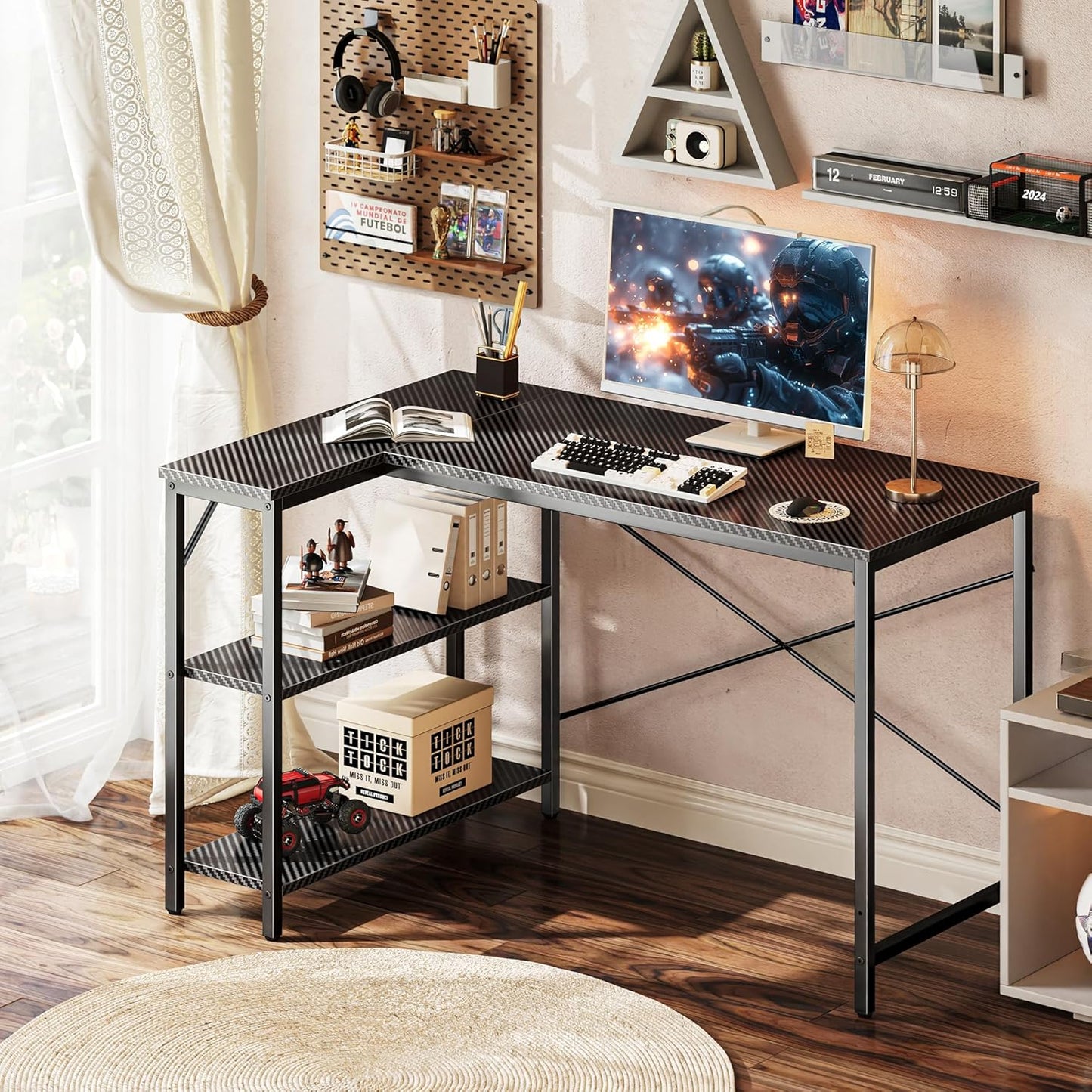 L-Shaped 47-Inch Gaming and Home Office Desk with Reversible Storage Shelves and Metal Frame in Carbon Fiber Black