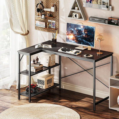 L-Shaped 47-Inch Gaming and Home Office Desk with Reversible Storage Shelves and Metal Frame in Carbon Fiber Black