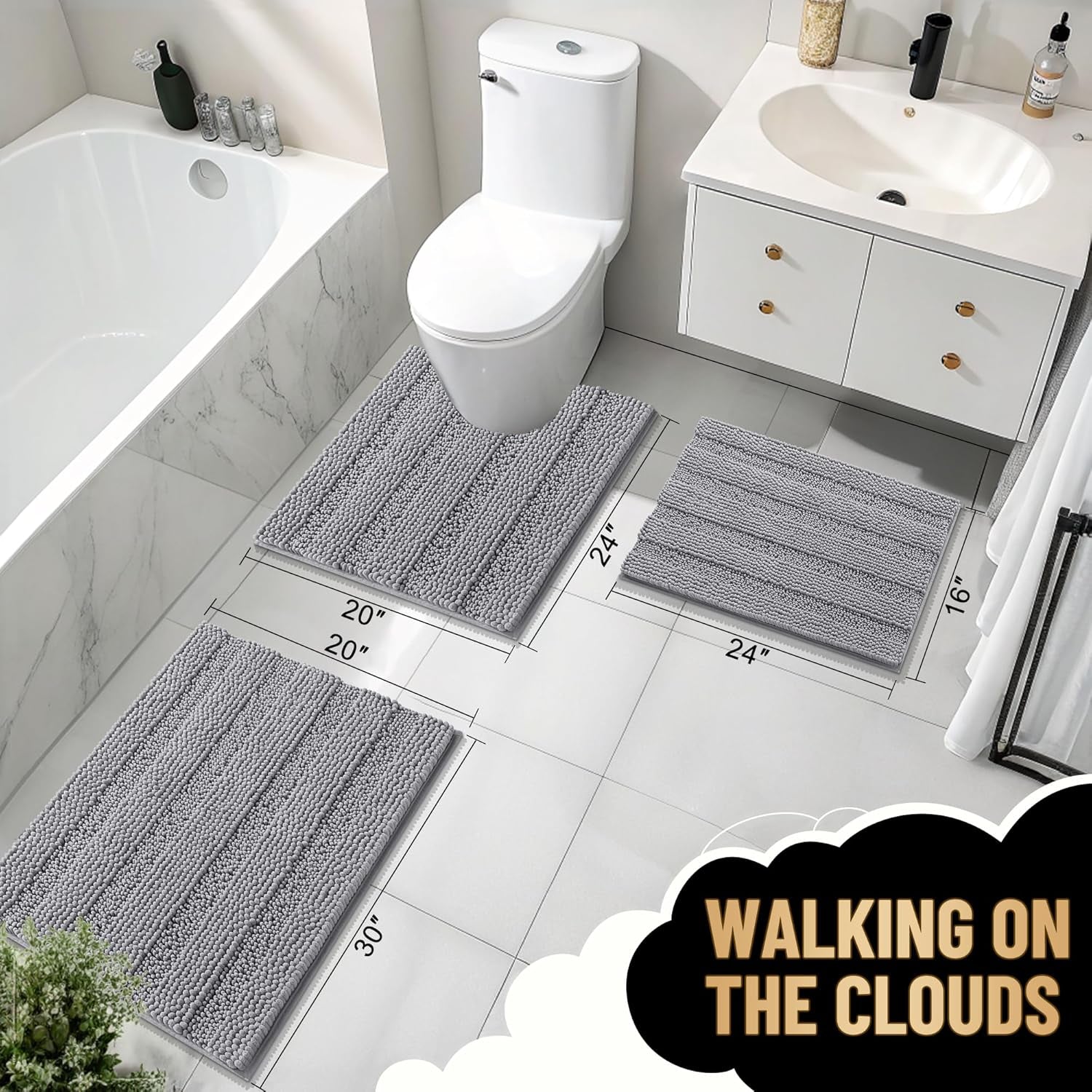 Thick Bathroom Rugs 30X20, Extra Soft Absorbent Chenille Striped Bath Rugs, Rubber Backing, Machine Wash Dry, Bath Mats for Bathroom Floor, Tub and Shower, Home Decor Accessories, Grey