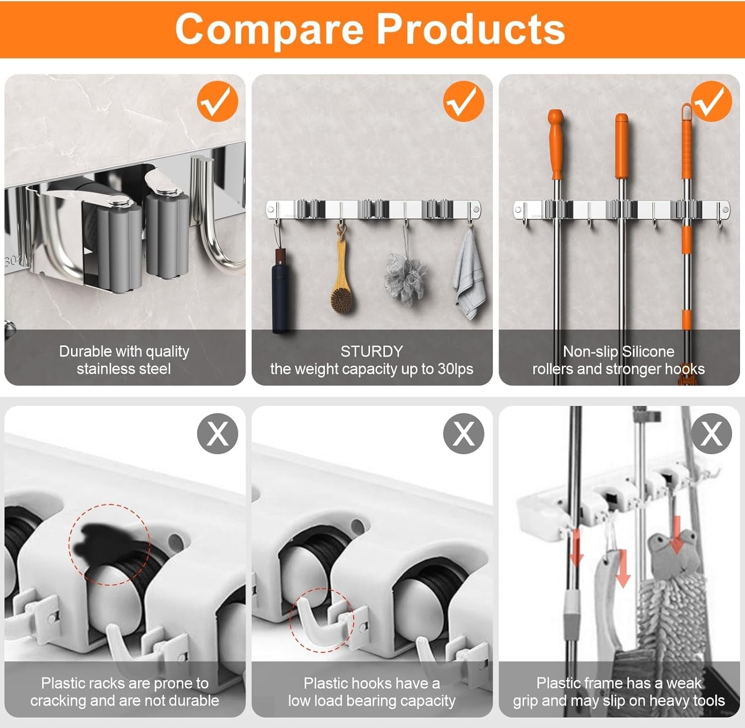 Stainless Steel Wall-Mounted Mop and Broom Holder with 3 Racks and 4 Hooks - Ideal for Kitchen, Garden, and Laundry Room Organization (Black)