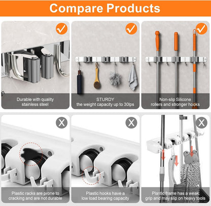 Stainless Steel Wall-Mounted Mop and Broom Holder with 3 Racks and 4 Hooks - Ideal for Kitchen, Garden, and Laundry Room Organization (Black)