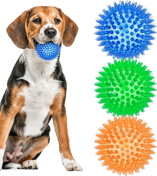 Squeaky Dog Toy Balls,3.5'' Spiky Dog Balls/Puppy Chew Toys for Cleaning Teeth and Gum Health/Squeaker Ball Toys for Aggressive Chewers 3 Pack [Blue Green Orange]