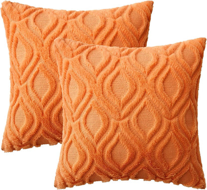 Bright Orange Fall Throw Pillow Covers, 18x18 Inch Soft Plush Faux Wool Set of 2, Decorative Farmhouse Boho Cushions for Sofa and Living Room Home Decor