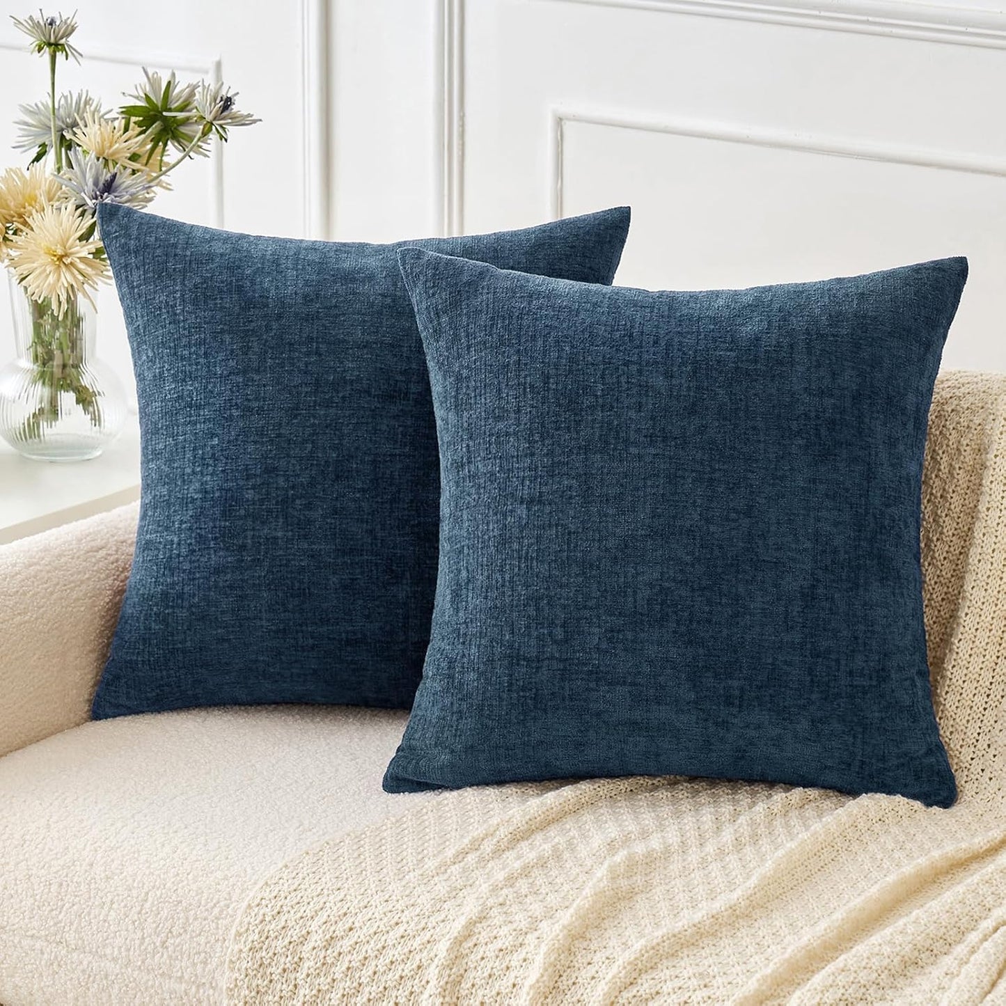 Pack of 2 Blue Throw Pillow Covers 18X18 Inch Soft Chenille Pillow Covers for Sofa Living Room Couch Solid Dyed Cases