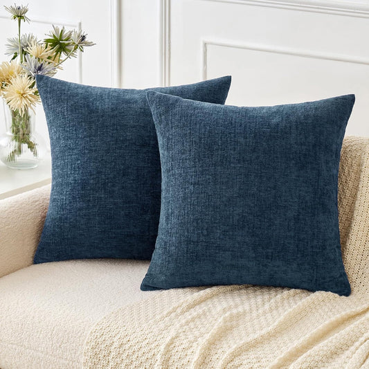 Pack of 2 Blue Throw Pillow Covers 18X18 Inch Soft Chenille Pillow Covers for Sofa Living Room Couch Solid Dyed Cases