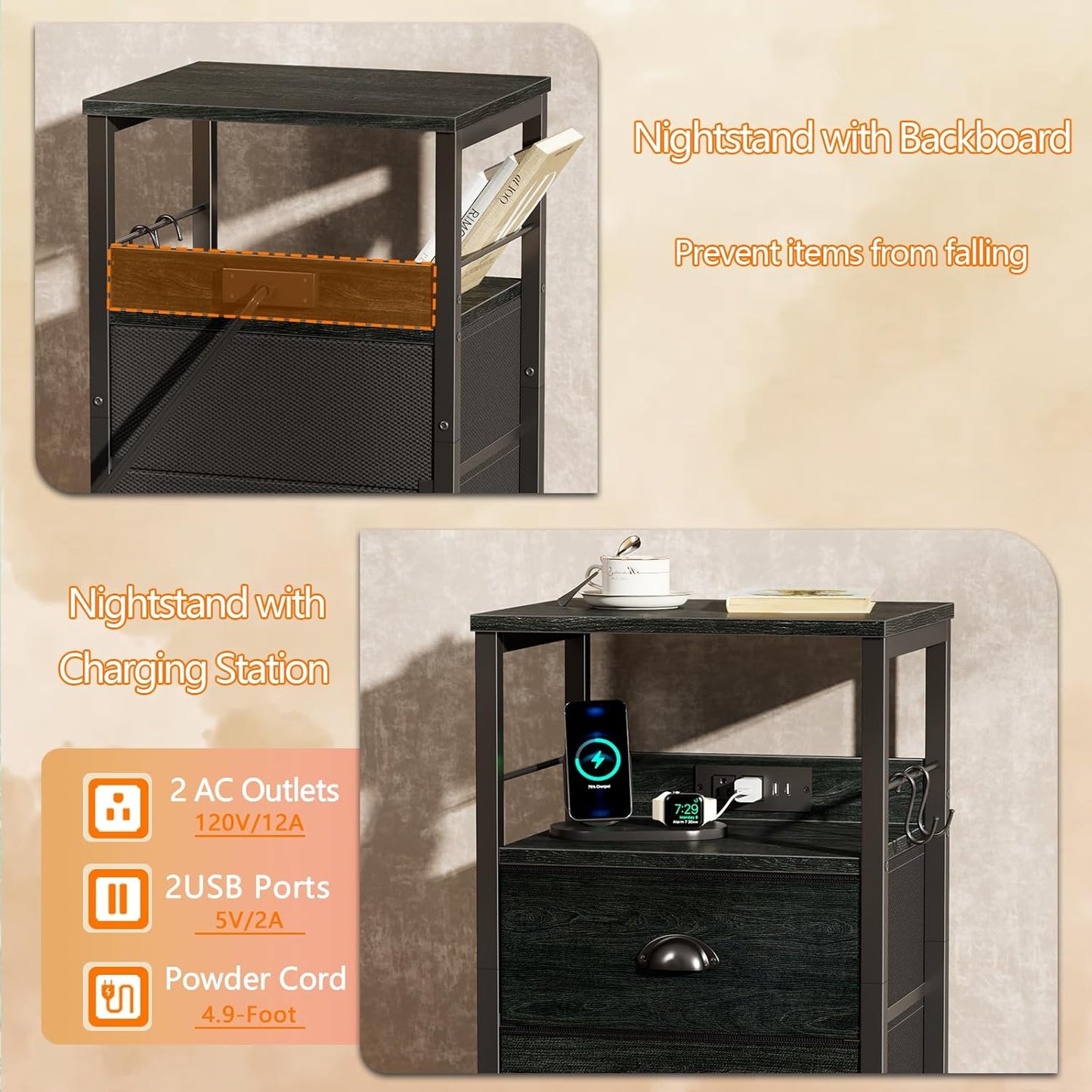 Nightstand Set of 2, Black Oak, with Charging Station and USB Ports, Side Tables with 2 Fabric Drawers, Bedside Tables with Storage Shelf & Hooks, for Living Room/Bedroom