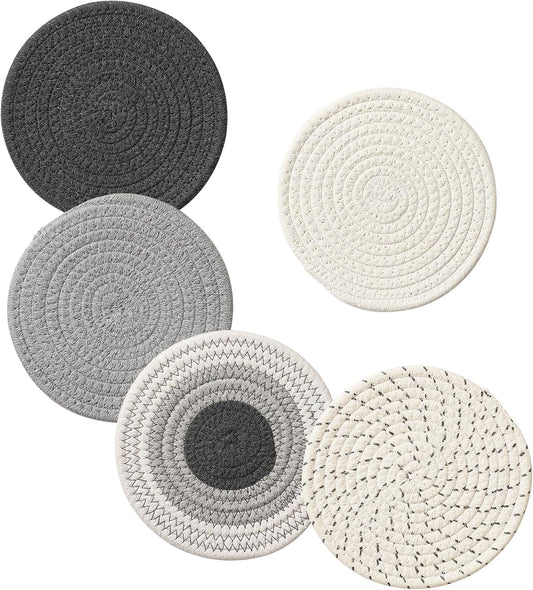 5 Pieces Trivets for Hot Dishes, Potholders Set 100% Cotton Woven Hot Pot Holders Set, Farmhouse Coasters, Hot Pads, Table Mats, Spoon Rest for Baking and Cooking, Kitchen Decor, 7 Inch