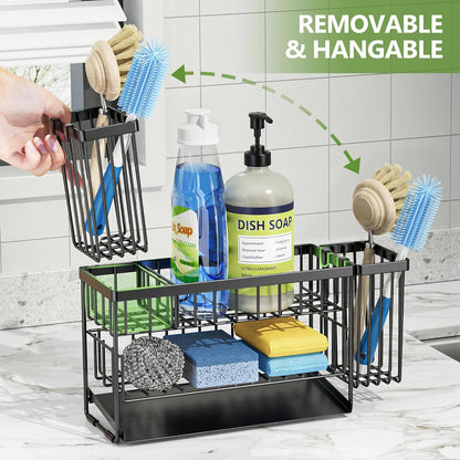 2-Tier Kitchen Sink Caddy Organzier Rack with Flexible Dish Brush Holder, Sponge Holder for Kitchen Sink Countertop Organization Storage,Home Decor Accessories Essentials Stainless Steel