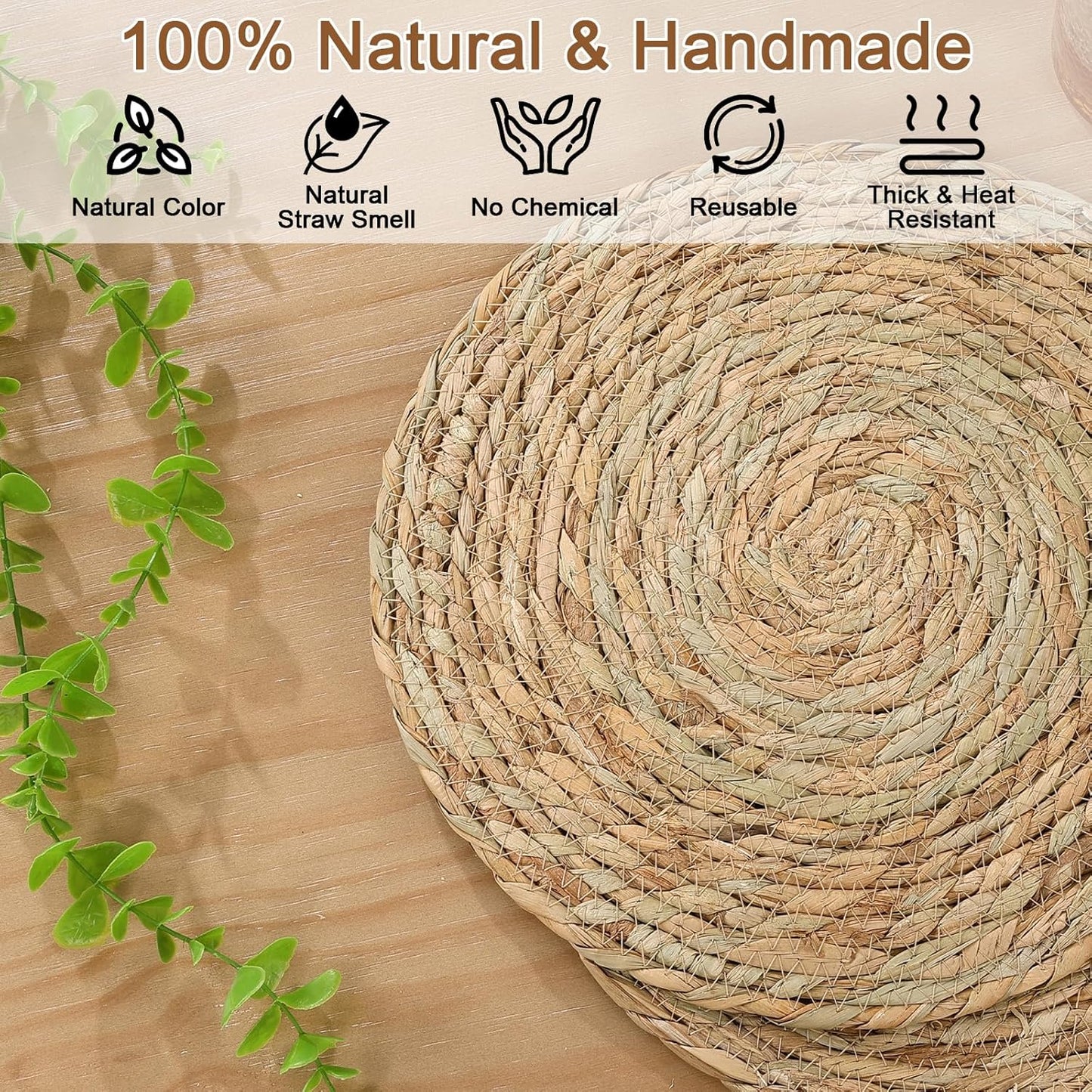 4 Pcs 12 Inch round Woven Placemats, Natural Rattan Braided Place Mats for Dining Table, Wicker Chargers Boho Rustic Farmhouse Heat Resistant Table Mats