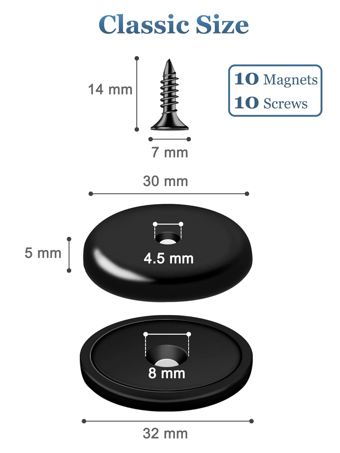10-Pack Neodymium round Base Cup Magnets, 30LBS Strong Rare Earth Magnets with Heavy Duty Countersunk Hole and Stainless Screws for Refrigerator, Craft, Home, Office - 1.26'' X 0.2'' (Black)