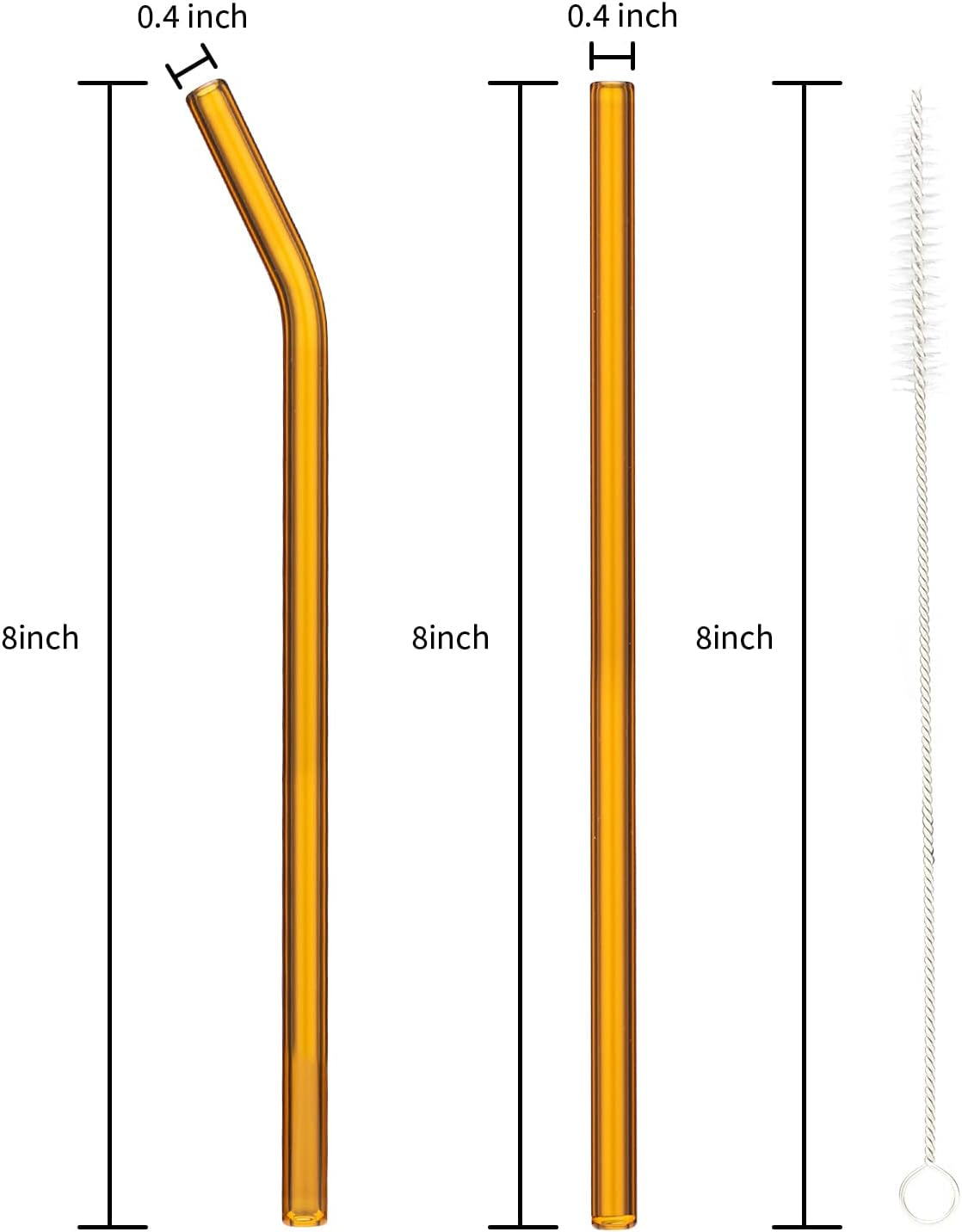 4-Pack Reusable Glass Straws,Size 8''X 8 Mm,Clear/Amber Glass Straws, 2 Straight and 2 Bent with 1 Cleaning Brush Glass Straw Set-Perfect for Smoothies, Milkshake, Iced Coffee,Juice,Tea