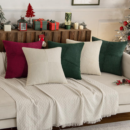 Christmas Burgundy Corduroy Pillow Covers Pack of 2 Boho Decorative Spliced Throw Pillow Covers Soft Solid Couch Pillowcases Cross Patchwork Cushion Covers for Living Room Bed Sofa 18X18 Inch