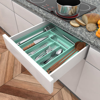 Expandable Bamboo Utensil Drawer Organizer, Silverware Organizer for Cutlery, Utensils, Flatware Holder (6-8 Slots, Mint) Pack of 1