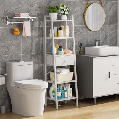 5 Tier Bookshelf, Ladder Shelf with Drawer, Tall and Narrow Bookcase, Storage Shelves Organizer,Industrial Display Standing Units for Bathroom,Kitchen,Bedroom,Living Room,White